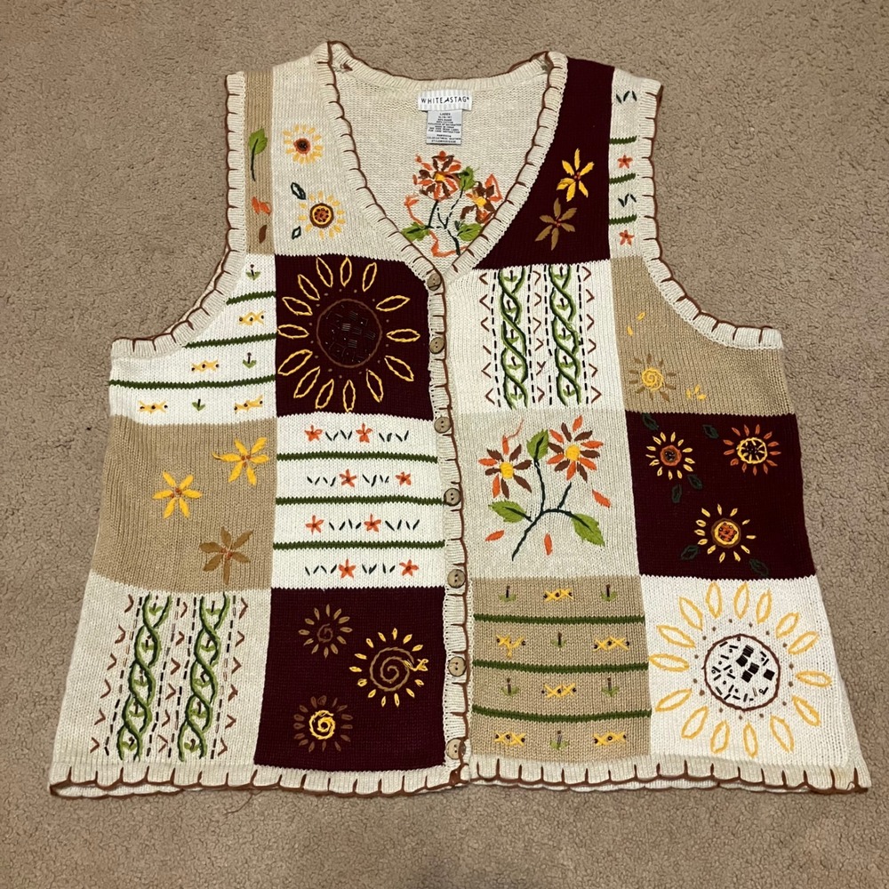 White Stag Floral Patchwork Knit Vest XL Oatmeal Heather Embroidered Sunflower